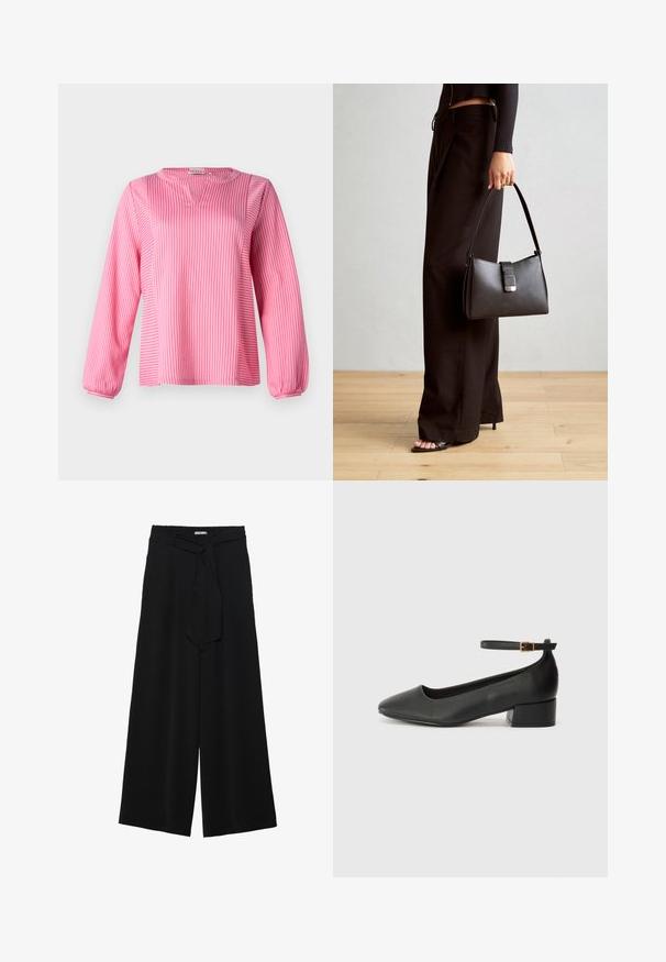 Różowa bluzka z długim rękawem w paski, z dekoltem w serek, z marszczonymi mankietami i luźnym krojem, wykonana z gładkiego materiału.; Czarne spodnie szerokie z teksturowanej tkaniny, z elastycznym paskiem w talii i odpinanym paskiem w talii dla regulowanego dopasowania.; Czarne skórzane szpilki z ostrym noskiem i niskim słupkowym obcasem. Wyposażone w pasek na kostkę z złotym zapięciem. Gładka tekstura.; Czarna torebka o usztywnionym kształcie, gładkiej fakturze i metalowym zapięciem. Połączona z szerokimi czarnymi spodniami i sandałami na otwartym palcu na drewnianej podłodze.