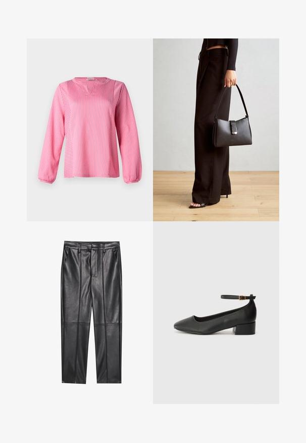 Röd- och vitrandig långärmad blus med V-ringning, med draperade manschetter och en lös passform, tillverkad av ett slätt tyg.; Svarta läderbyxor med en slät textur, med rak passform, två framfickor och synliga sömdetaljer.; Svart läderpump med spetsig tå och en låg klack. Har en ankelsnodd med en guldtonad spänne. Slät textur.; Svart handväska med strukturerad form, slät yta och metallspänne. Matchad med vida svarta byxor och sandaler med öppen tå på trägolv.