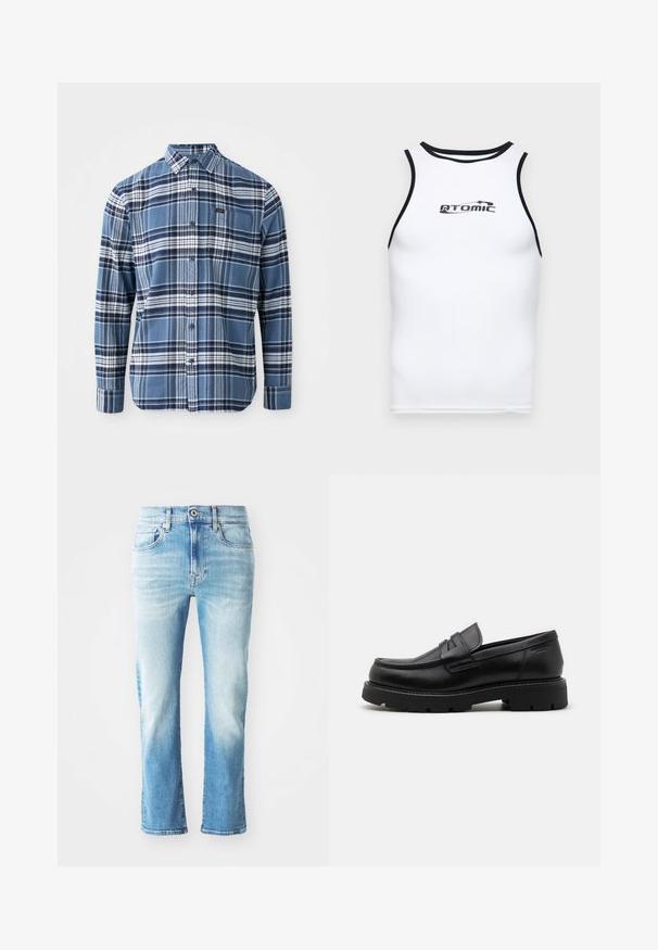 Camisa de manga longa em algodão, azul e branca com padrão xadrez; colarinho abotoado; apresenta um pequeno logótipo na bolsa do peito.; Camisola sem mangas branca com acabamento em preto, textura suave e um logótipo impresso "ATOMIC" centrado no peito.; Jeans de denim azul claro com um design de perna reta, apresentando um efeito desbotado, cinco bolsos e fecho padrão com botão e zipper.; Mocassins de pele preta com bico redondo, detalhes texturizados na parte da frente e sola de borracha espessa com sulcos para melhor aderência.