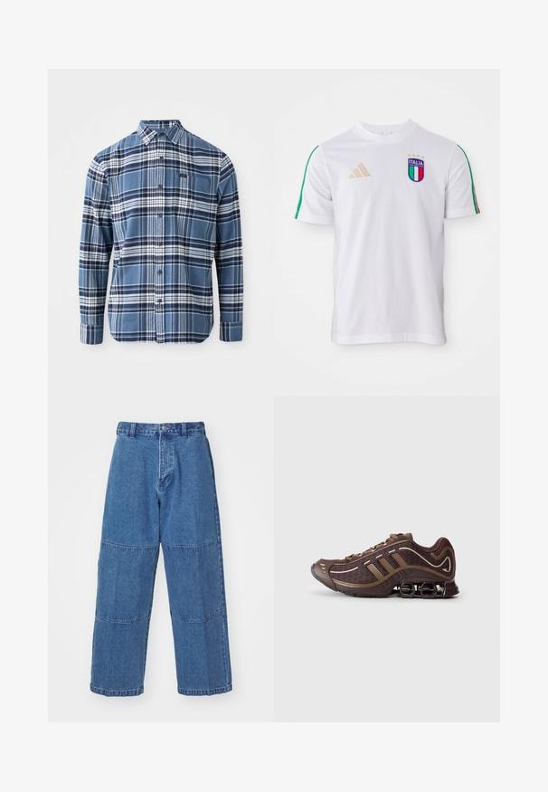 Blå og hvit rutete langermet skjorte i bomull; knapp-ned krage; har et lite logo-patch på brystlommen.; Hvit fotballtrøye med grønne og røde skulderstriper, med et flerfarget Italia-merke og gull adidas-logo. Korte ermer, rund hals.; Lyseblå denimbukser med en avslappet passform, med to distinkte stoffpaneler, frontknapplukking og vide ben.; Brun atletisk sko med mesh og syntetisk overdel, med tre striper, detaljert søm, polstret såle og karakteristisk fjærende hæl.