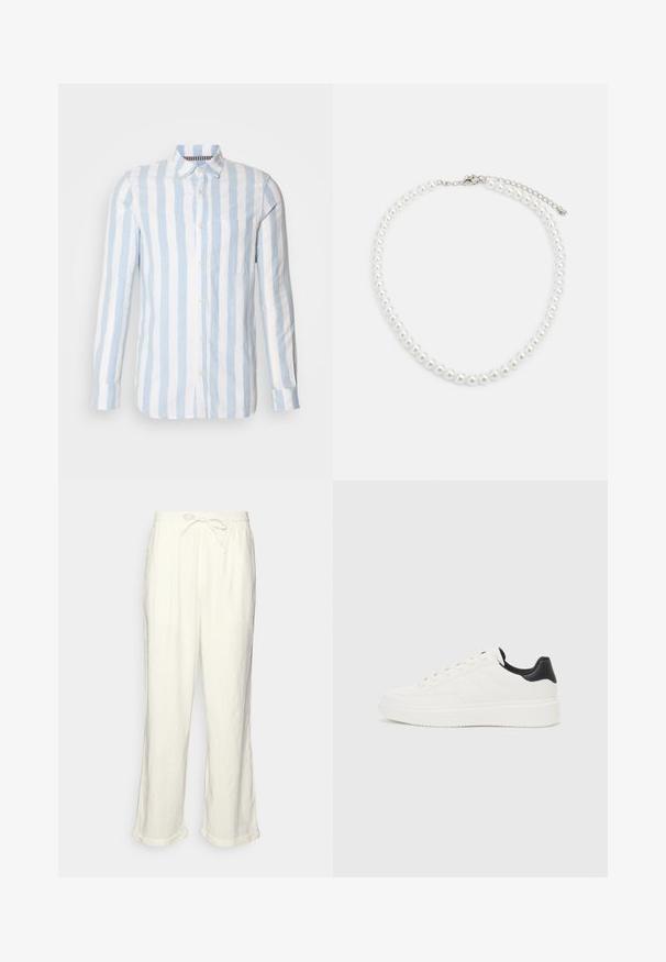 Vaaleansinisestä ja valkoisesta raidallisesta pellavapaitasta, jossa on pitkät hihat, napitus edessä ja yksi rintatasku.; Nudist trousers in off-white with a drawstring waistband, slightly wide legs, and rolled cuffs for a relaxed fit. No pockets.; Valkoiset nahkakengät, joissa on kohokuviointi, teksturoitu valkoinen välipohja ja musta kantakappale. Ominaisuuksiin kuuluu pyöreä kärki ja tasaiset nauhat.; Valkoinen helminauha, jossa on tasainen pyöreä muoto, sileä pinta ja metallisolki, jossa on pidennysketju säädettävää pituutta varten.