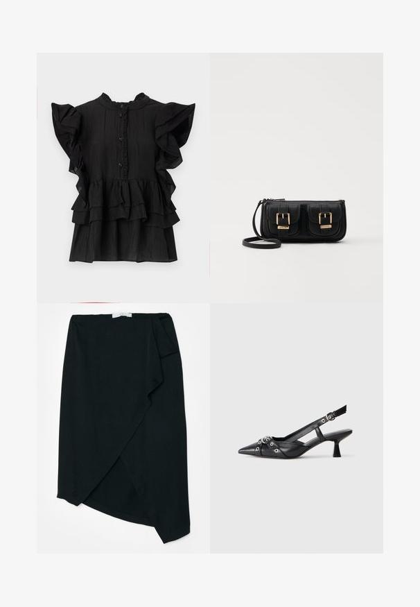 Zwarte blouse met korte mouwen, versierd met ruches, verticale textuur en een knoopsluiting. Heeft een hoge halslijn en gelaagde randen aan de onderkant.; Zwarte wikkelrok van lichtgewicht stof met een subtiele textuur. Asymmetrische zoom en zijplooidetail. Geen zichtbare hardware of accenten.; Zwarte leren slingback schoen met een puntige neus, decoratieve banden met metalen oogjes en een lage blokhak. Textuur oppervlak.; Zwarte leren schoudertas met twee vo pockets, gouden gespen, ritsluiting en een smalle band. Tekstuur oppervlak en compacte rechthoekige vorm.