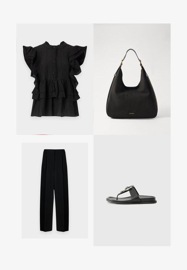 Bluză neagră cu mânecă scurtă, cu accente franjurate, textură verticală și sistem de închidere cu buton. Are guler înalt și volane suprapuse la tiv.; Pantaloni negri evazați cu talie înaltă, având plisseuri și o textură netedă. Țesătura pare ușoară și se așază elegant.; Sandale negre plate cu un post pentru degete, curea lată, accent metalic circular și finisaj din piele netedă. Design minimalist cu o talpă plată.; MICHAEL Michael Kors NOLITA HOBO  - Geantă de mână - black