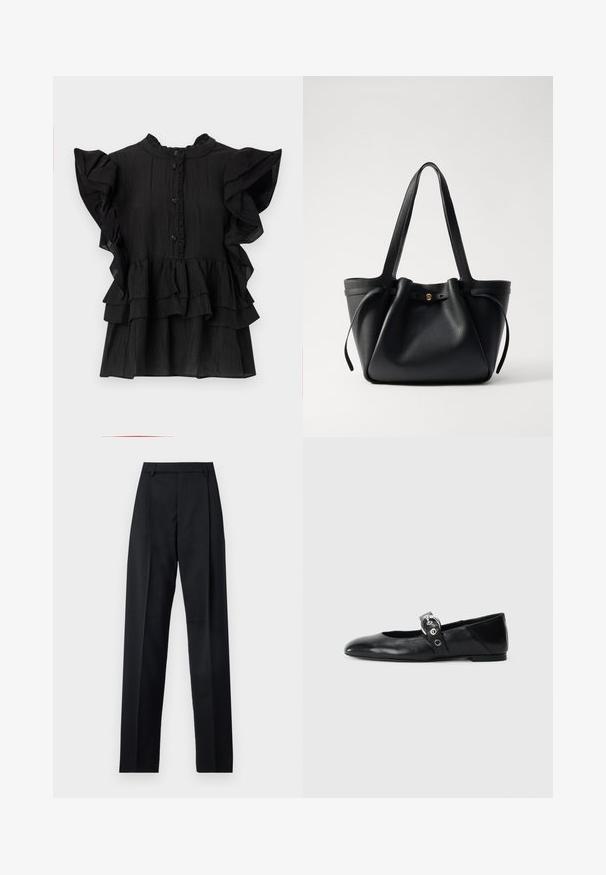Crna bluzica s kratkim rukavima s volanima, vertikalnom teksturom i kopčanjem na dugme. Ima visok ovratnik i slojevite volane na rubu.; Crne hlače od glatkog materijala s visokim strukom, širokim nogavicama, prednjim pregibima i klasičnim petljama za remen. Nema vidljivih bočnih džepova.; Crne kožne baletanke s špicastim nosom, s remenom s okruglom metalnom kopčom i ravnim potplatom.; Crna kožna torba za nošenje s dva dugačka remena, skupljenim vrhom i zlatnim okruglim detaljem. Glatka tekstura s minimalističkim dizajnom.