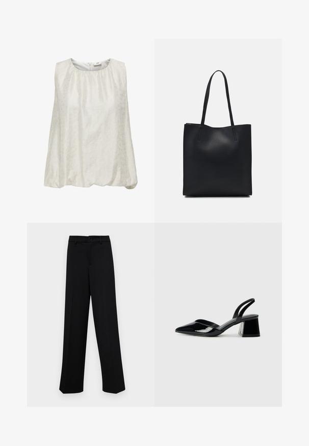 Sleeveless white top with a subtle textured pattern, featuring a rounded neckline and a gathered waist for a relaxed fit.; Black wide-leg trousers made of smooth fabric, featuring a classic waistband with a button closure and front pleats.; Black patent leather slingback heels with a pointed toe and a geometric block heel. Features a sleek, minimal design and smooth texture.; Black leather tote bag with smooth texture, rectangular shape, and two long handles. No visible hardware or embellishments.