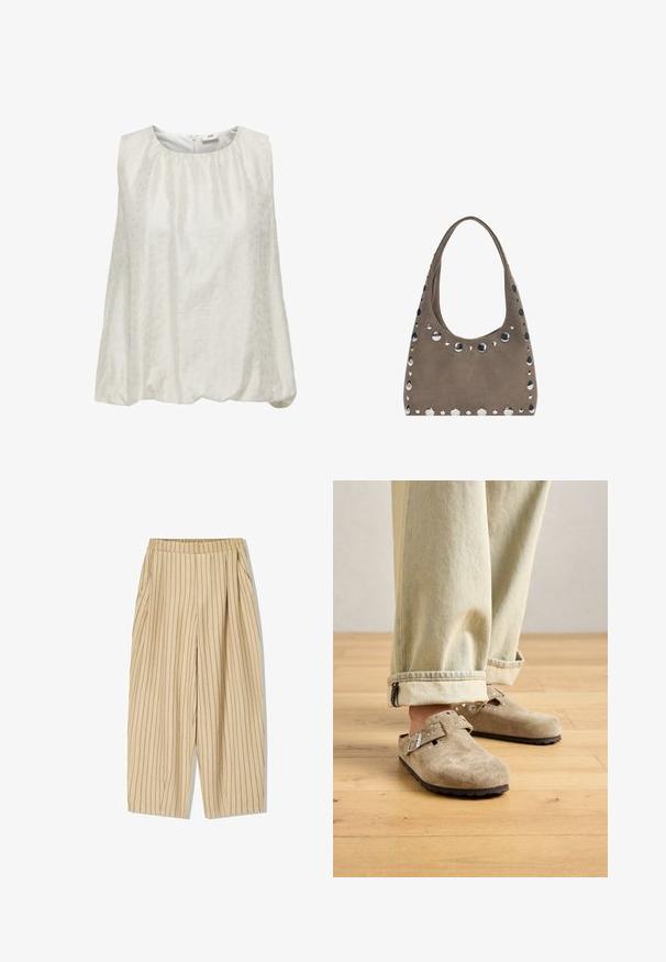 Débardeur blanc sans manches avec un motif texturé subtil, présentant un col rond et une taille froncée pour un ajustement décontracté.; Pantalons rayés beige avec une taille élastique, présentant deux poches latérales, une coupe ample et des rayures verticales noires pour le détail.; Sabots en daim beige clair à enfiler avec des détails en boucle en métal et des clous, portés avec un jean délavé retroussé sur un parquet en bois.; PULL&BEAR SHOPPER - Cabas - grey