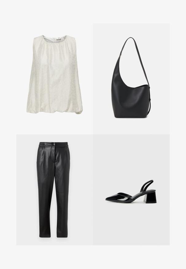Sleeveless white top with a subtle textured pattern, featuring a rounded neckline and a gathered waist for a relaxed fit.; Black leather pants with a smooth texture, straight fit, elastic waistband, and a front button closure; pleated detailing and tapered legs.; Black patent leather slingback heels with a pointed toe and a geometric block heel. Features a sleek, minimal design and smooth texture.; Black leather hobo bag with a smooth texture, curved shape, and single adjustable strap; features a wide opening at the top.