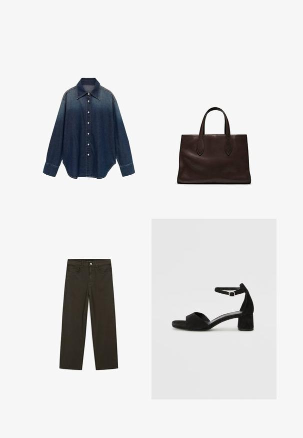 Mango Overhemdblouse - dark blue; Donkergroene wijde jeans van een katoenmix, met een sluiting met een voorste knop, vijf zakken en klassieke denimstiksels.; Zwarte suede hakken met een dunne enkelband, open teen ontwerp en een bescheiden blokhak. Zachte textuur en minimale accenten.; Bruine leren tote bag met twee verlengde handvatten, gestructureerde rechthoekige vorm, gladde textuur en subtiele stiksels.