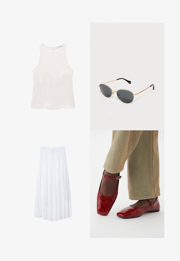Top sans manches de couleur crème en tissu lisse, avec un col rond, des coutures discrètes et une fermeture éclair à l'arrière. Design minimaliste sans embellissements.; Jupe maxi blanche à plusieurs niveaux, fabriquée en tissu léger. Elle présente une taille élastique et un design fluide avec une texture douce et subtile.; Chaussures en cuir verni rouge avec un bout carré, un petit talon et une sangle de cheville, associées à un jean large vert clair. Texture lisse, surface réfléchissante.; Lunettes de soleil ovales avec des verres sombres, une monture en métal doré et des côtés en or tressé. Les embouts noirs sur les branches renforcent le design.; Sac à tote en cuir tressé marron avec deux poignées, une forme structurée et une surface texturée, présentant un motif en losanges sur toute sa surface.