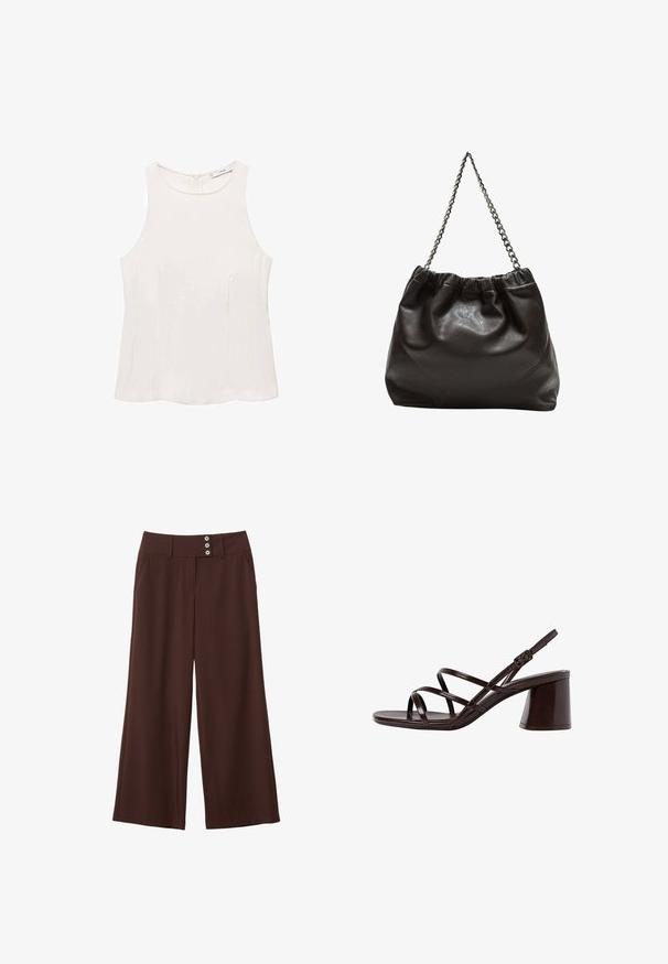 Top senza maniche color crema realizzato in tessuto morbido, con scollatura rotonda, cuciture sottili e una chiusura con zip sul retro. Design minimale senza decorazioni.; Pantaloni a gamba larga marroni realizzati in tessuto morbido, con due tasche laterali e una vita decorata da tre bottoni.; Sandalo con tacco alto e cinturini marrone, dotato di un tacco spesso, con una finitura liscia e lucida e numerosi cinturini incrociati sulla parte superiore.; Borsa in pelle marrone con parte superiore arricciata e tracolla a catena. Texture liscia con finitura lucida e dettagli di cucitura sottili sui lati.