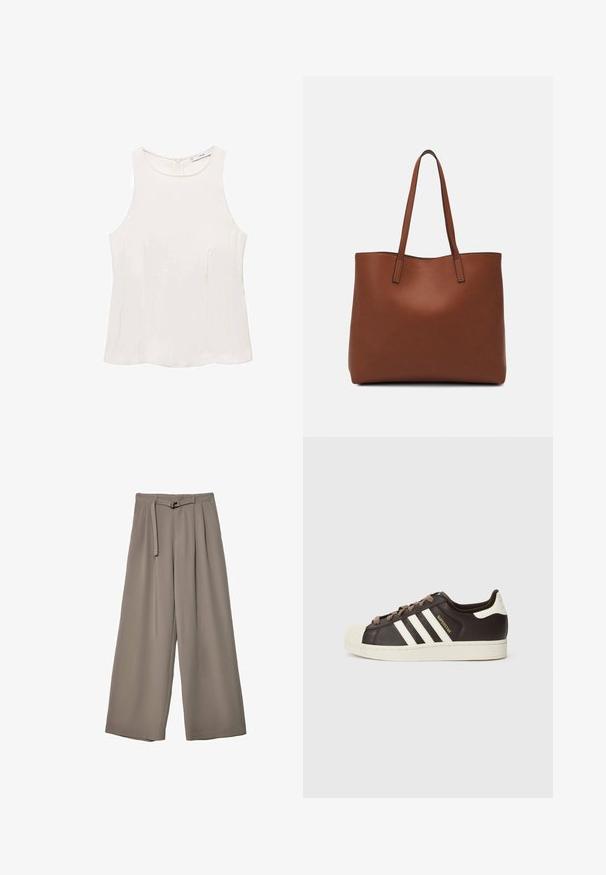 Ärmelloses Creme-Top aus glattem Stoff, mit rundem Halsauschnitt, dezenten Nähten und einem Reißverschluss hinten. Minimalistisches Design ohne Verzierungen.; Weite Hose aus einem weichen, gedämpften grauen Stoff, mit einem taillierten Bund und Falten für zusätzliche Design-Details. Glatte Textur, keine Muster.; Low-Top Adidas Superstar Sneaker aus dunkelbraunem Leder mit cremefarbener Schale an der Spitze, weißen Streifen und dem Schriftzug "Superstar" an der Seite.; Braune Leder-Tote mit glatter Textur, offenem Oberteil und zwei Schulterriemen. Verfügt über minimale Nähte und keine sichtbaren Beschläge.