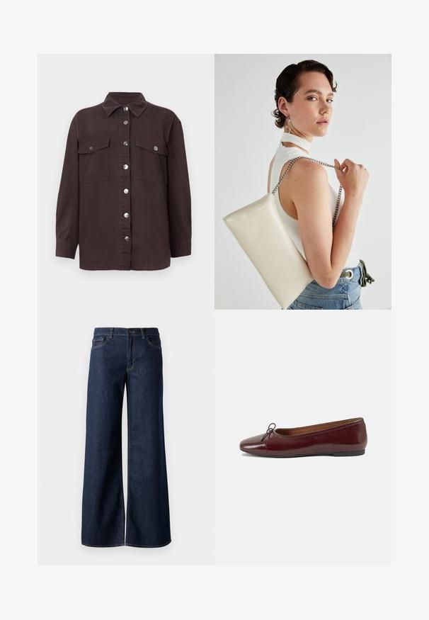 Tumepruunest puuvillast särk-jakk, millel on krae, ees nuppude sulgemine, kaks rinnataskut ja hõbedased nupud. Pikad varrukad.; Laiad teksad tumesinises denimis. Omab kontrastõmblusi, viit taskut ja nupukinnitust vööl. Sile tekstuur.; Burgundi patendnahk kingad balletitüüpi, ümmarguse ninaosa, ees väike paelaaktsent ja madal must kummist tald. Sile tekstuur.; Valge ristkülikuline kotti, mis on valmistatud läikivast materjalist, hõbedase ahelsangaga. Mudel poseerib, tutvustades kotti ühtlase taustaga.