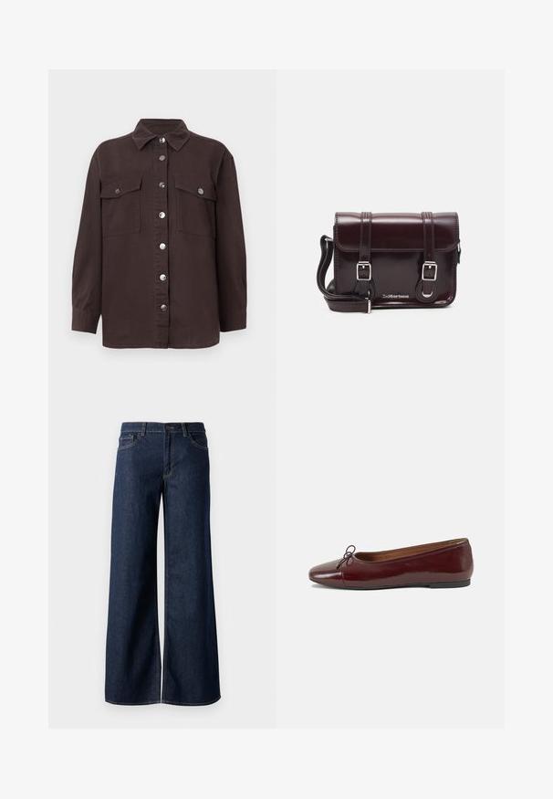Σκούρο καφέ πουκάμισο-τζάκετ από βαμβάκι, με γιακά, μπροστινό κλείσιμο με κουμπιά, δύο τσέπες στο στήθος και ασημένια κουμπιά. Μακριά μανίκια.; Φαρδιά τζιν παντελόνια σε σκούρο μπλε τζιν. Διαθέτουν αντίθεση στη ραφή, πέντε τσέπες και κλείσιμο με κουμπί στη μέση. Λείο υλικό.; Μπορντό παρθένα δερμάτινα μπαλαρίνες με στρογγυλή μύτη, μικρή διακόσμηση φιόγκου στο μπροστινό μέρος και χαμηλή, μαύρη καουτσούκ σόλα. Λείος υφής.; Μπορντό δερμάτινη τσάντα χιαστί με ορθογώνιο σχήμα, δύο λουριά, ασημένια μεταλλικά μέρη και κλείσιμο με καπάκι.