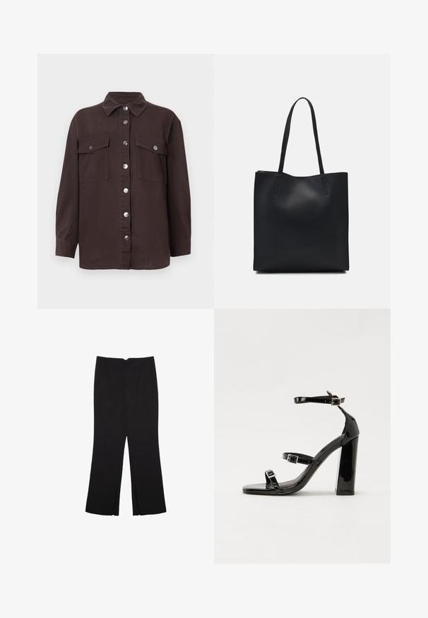 Tmavohnedá košeľa-jacket z bavlny, s golierom, predným zapínaním na gombíky, dvomi náprsními vreckami a striebornými gombíkmi. Dlhé rukávy.; Čierne nohavice so strihom rovného strihu, s prednými vreckami a bočnými rozparkami na leme. Vyrobené z mäkkej, hladkej tkaniny. Vhodné na rôzne príležitosti.; Čierne lakované sandále na podpätku so štvorcovou špičkou, navlečenými remienkami okolo členku a striebornými prackami. Disponujú masívnym blokovým podpätkom pre stabilitu.; Čierna kožená taška na rameno s hladkým povrchom, obdĺžnikovým tvarom a dvoma dlhými uchami. Bez viditeľného kovania alebo ozdôb.