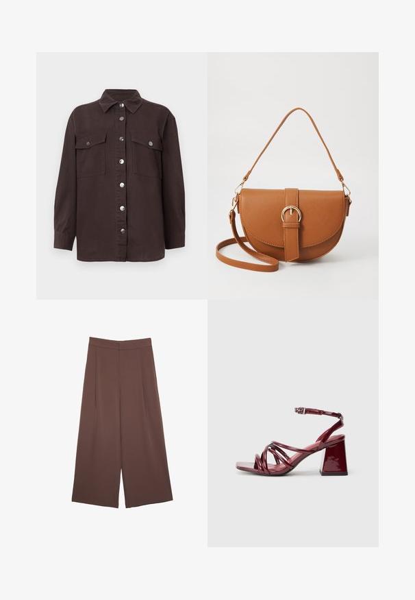 Dark brown shirt jacket made of cotton, featuring a collar, front button closure, two chest pockets, and silver buttons. Long sleeves.; Brown wide-leg trousers with a smooth texture, featuring a high waist and front pleats. The fabric is lightweight and flows loosely.; Patent burgundy heeled sandals with a square toe, featuring multiple intertwined straps and a chunky block heel. Adjustable ankle strap.; Brown leather crossbody bag with a curved shape, gold hardware, and a buckle accent. Features a detachable shoulder strap.