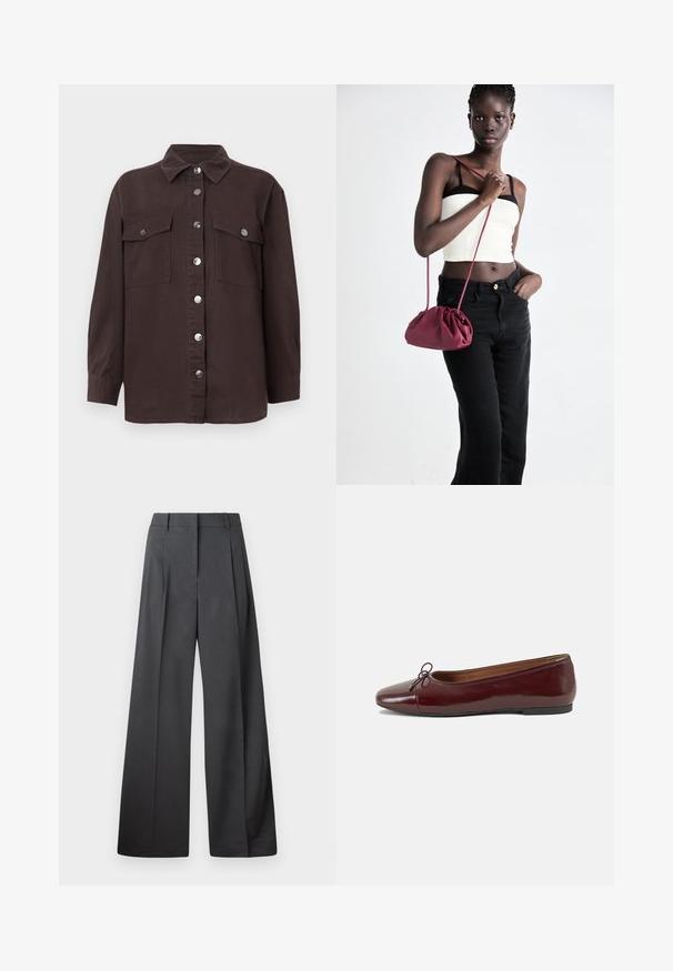 Mörkbrun skjortjacka i bomull med krage, knappknäppning framtill, två bröstfickor och silverknappar. Långa ärmar.; Vida byxor i mörkgrått tyg, med hög midja, enkla veck och en mjuk yta med en ren finish vid fållen.; Burgunderfärgad lackläderballettskor med rund tå, liten rosettdekoration fram och en låg, svart gummisula. Slät textur.; Burgundy mjukt tyg handväska med en samlad design och en lång rem, bärs över kroppen. Modellen bär en vit crop top och svarta jeans.