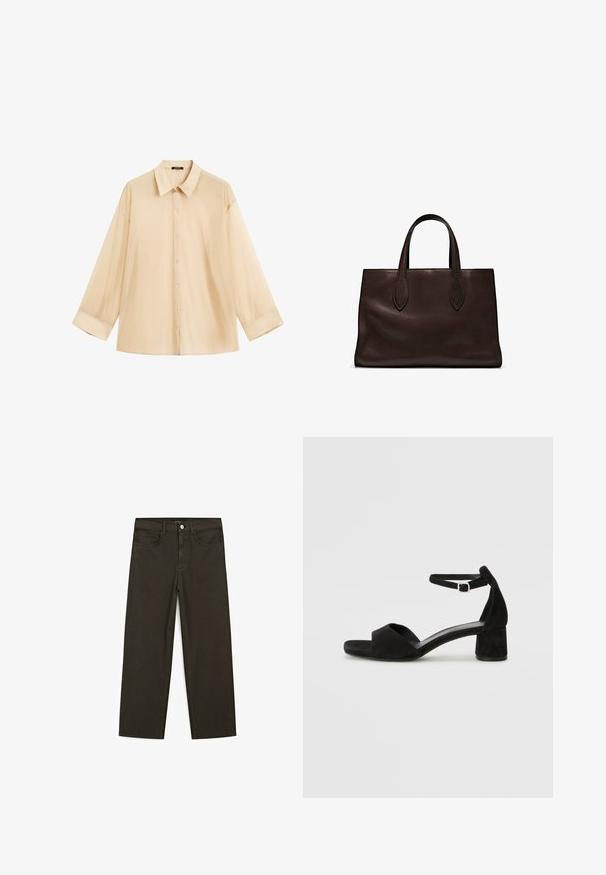 Massimo Dutti BLEND ORGANZA GARMENT - Camicia - beige; Jeans a gamba larga di colore verde scuro, realizzati in tessuto misto cotone, dotati di chiusura con bottone frontale, cinque tasche e cuciture classiche in denim.; Sandali con tacco in suede nero, con una sottile fascia alla caviglia, design open toe e un discreto tacco a blocco. Texture liscia e decorazioni minime.; Borsa a spalla in pelle marrone con due manici lunghi, forma rettangolare strutturata, texture liscia e dettagli di cucitura sottili.