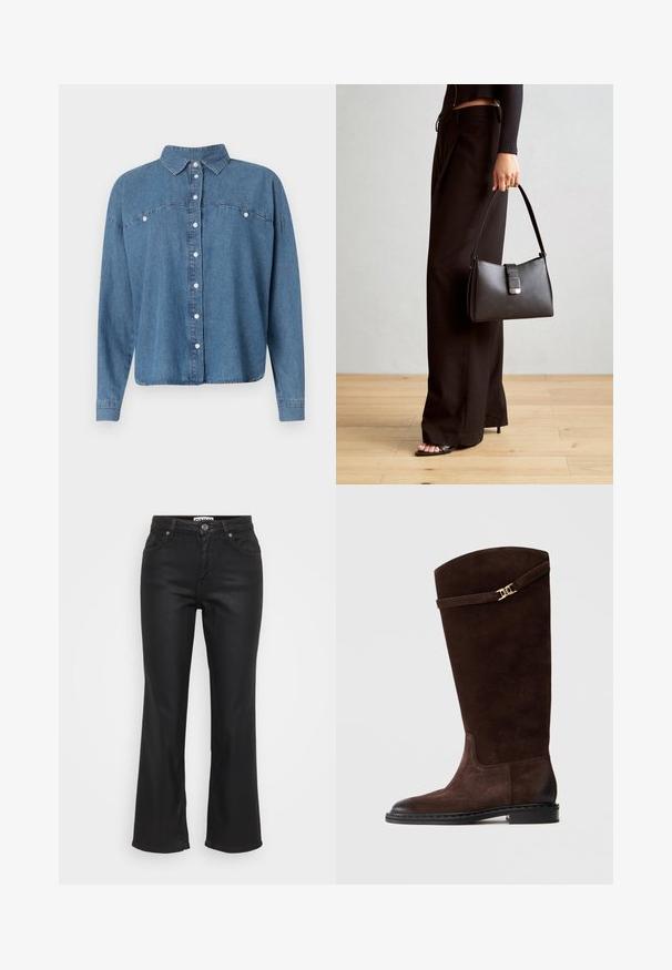 Blue denim shirt with a collared neckline, button front, and long sleeves. Features two front pockets and a relaxed fit.; Black flared jeans made of denim, featuring a front button closure, five pockets, and a smooth, slightly shiny texture.; Brown suede knee-high boot with smooth leather toe, decorative strap and gold-tone hardware, featuring a rounded toe and flat sole.; Black handbag with structured shape, smooth texture, and a metallic clasp. Paired with wide black pants and open-toe sandals on wooden floor.