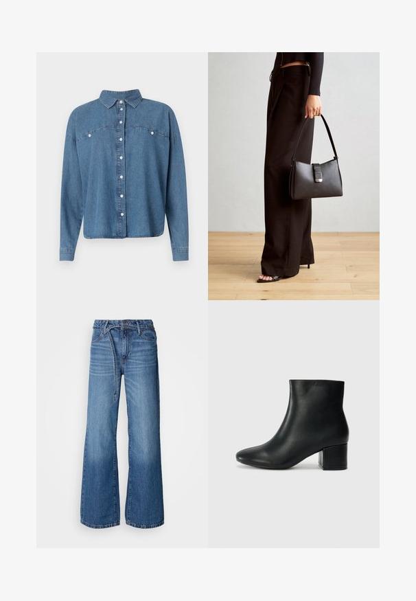 Blue denim shirt with a collared neckline, button front, and long sleeves. Features two front pockets and a relaxed fit.; Light blue wide-leg jeans made of denim. Features a high waist, visible stitching, and a tie belt. Faded texture towards the bottom.; Black leather ankle boots with a pointed toe and a chunky heel. Smooth texture with minimal accents and a sleek, fitted design.; Black handbag with structured shape, smooth texture, and a metallic clasp. Paired with wide black pants and open-toe sandals on wooden floor.