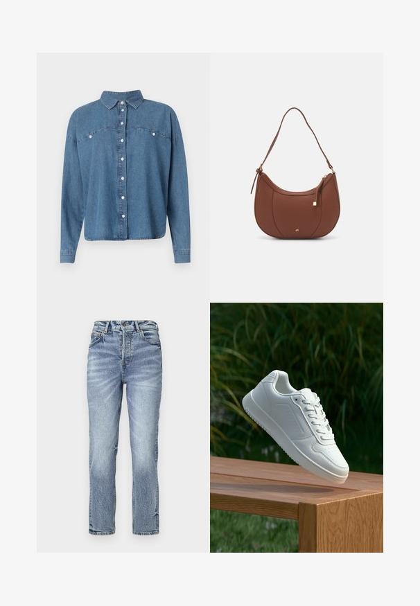 Blue denim shirt with a collared neckline, button front, and long sleeves. Features two front pockets and a relaxed fit.; Light blue denim jeans with a straight fit, high waist, faded texture, and five pockets. Features metal button and zipper closure.; White sneaker with a smooth synthetic upper, perforated toe box, flat laces, and a textured sole, displayed on a wooden surface.; Brown faux leather shoulder bag with curved shape, minimal stitching, and a gold-tone hardware accent. Features a top zipper closure and adjustable strap.