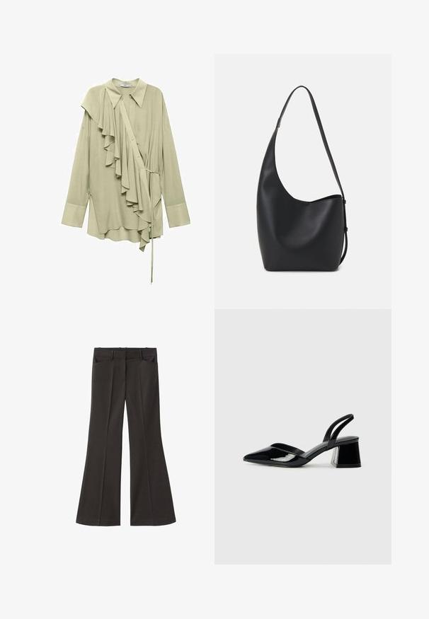 Mango Button-down blouse - light green; Black flared trousers with a high waist; features two front pockets and a smooth fabric texture. Suitable for various occasions.; Black patent leather slingback heels with a pointed toe and a geometric block heel. Features a sleek, minimal design and smooth texture.; Black leather hobo bag with a smooth texture, curved shape, and single adjustable strap; features a wide opening at the top.