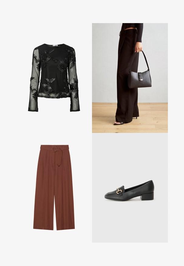 Zwart topje met lange doorschijnende mouwen met ingewikkelde bloemrijke borduursels; zachte textuur, ronde halslijn en getailleerd ontwerp.; Brunnen wijduitlopende broeken van stof, met een riem met een vierkante gesp, geplooid ontwerp en een gladde textuur.; Zwarte lederen instappers met een platte hak, met een decoratieve gouden hardware detail aan de voorkant en een gladde textuur.; Zwarte handtas met gestructureerde vorm, gladde textuur en een metalen sluiting. Gecombineerd met brede zwarte broeken en sandalen met open teen op een houten vloer.