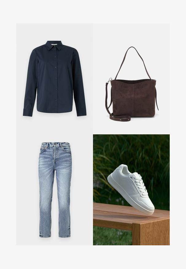 Navy blue long-sleeve button-up shirt made of cotton, featuring a classic collar, front button closure, and simple, clean lines.; Light blue denim jeans with a straight fit, high waist, faded texture, and five pockets. Features metal button and zipper closure.; White sneaker with a smooth synthetic upper, perforated toe box, flat laces, and a textured sole, displayed on a wooden surface.; Brown suede tote bag with a soft texture, featuring a single shoulder strap and a subtle curved top opening. No visible hardware details.