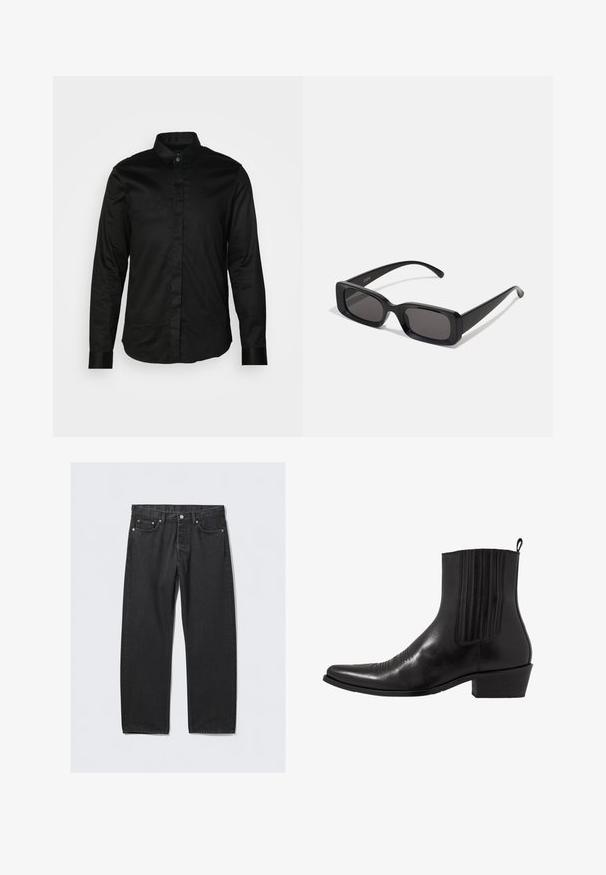Melnas garām piedurknēm tipa krekls, izgatavots no gludas auduma, ar apkakli, pogājamu priekšpusi un kontrastējošiem apročām. Nav redzamu rakstu vai grafikas.; Melni džinsi ar taisno kāju griezumu, ar pogu aizdari, piecām kabatām un vara tonī veidotiem aksesuāriem. Gluda tekstūra.; Melna ādas potītes zābaku ar norādītu pirkstu, elastīgām sānu daļām, vertikālām šuvēm un zemu blokveida papēdi.; Melnas taisnstūrveida saulesbrilles ar tumšiem stikliem, spīdīga apdare, platas kājas un masīvs rāmja dizains. Uz vienas kājas ir iegravēts zīmola nosaukums.