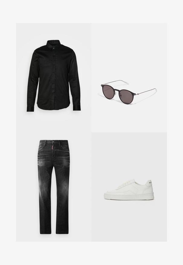 Zwarte longsleeve shirt van gladde stof, met een kraag, knopen aan de voorkant en contrasterende manchetten. Geen zichtbare patronen of graphics.; Zwarte denim jeans met een rechte pasvorm. Beschikt over vervaagde gebieden, lichte slijtage, klassiek vijf-pocket ontwerp en een knoopsluiting.; Witte leren sneaker met een gladde afwerking, ronde neus, platte veters en een gestructureerde zool. Kenmerkt zich door een subtiel logo op de hiel.; Zwarte ronde zonnebril met donkere lenzen en slanke metalen armen. Inclusief heldere tempelpunten en zilveren accenten bij de scharnier. Minimalistisch ontwerp.