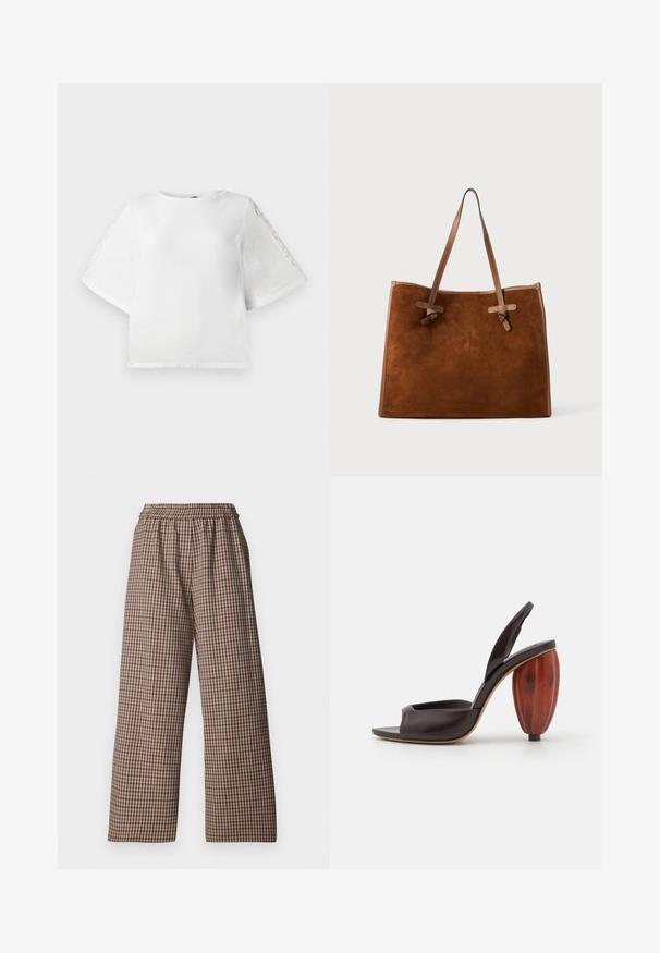 Fehér, rövid ujjú felső kerek nyakkal és csipke részletekkel az ujjakon. Sima anyagból készült, enyhén cropped fazonú.; Barna és bézs árnyalatú kutyakörmös mintájú bőszárú nadrág; kényelmet és könnyedséget biztosító rugalmas derékrésszel.; Fekete bőrszíjas szandál, peep-toe kialakítással és jellegzetes kerek fából készült sarokkal, sima textúrával és gazdag színválasztékkal.; Barna nubuk táska két bőr fogantyúval, lapos formával, varrott díszítéssel és csomó részlettel az oldalán. Nincs látható zár.
