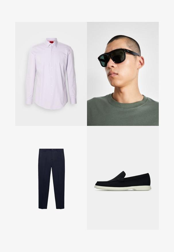 Svijetloplava košulja dugih rukava s ovratnikom na dugme, izrađena od glatke tkanine, sa bijelim gumbima i crvenim logom na unutarnjem dijelu ovratnika.; Černe hlače od glatke tkanine, ravnog kroja, sa standardnim pojasom s dugmetom i suptilnim bočnim džepovima.; Crna cipelica bez vezica s zaobljenim vrhom, s teksturiranim gornjim dijelom, glatkim bijelim đonom i suptilnim detaljem brendiranja sa strane.; Crne pravokutne sunčane naočale s tamnim lećama, koje imaju upečatljiv oblik i brend na ručki. Nosene od strane osobe u zelenoj košulji.