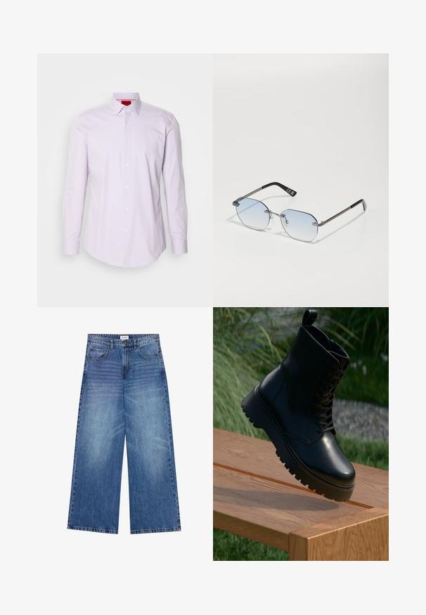 Hele-lilla pika varrukatega särk, millel on nööp-all kaelus, valmistatud siledast kangast, valged nööbid ja punane logo kaela sissepoole.; Heledad pükste säravsinised teksad, millel on nööpkinnitus, neli taskut ja kangas on veidi kulunud tekstuuriga.; Mustad musta nahast pahkluu saabas, mille pind on tekstureeritud, punutud esikülg ja jäme, sooneline tald. Kuvatud puidust pinnal rohu taustal.; Privé Revaux TRACK STAR UNISEX - Päikeseprillid - grey