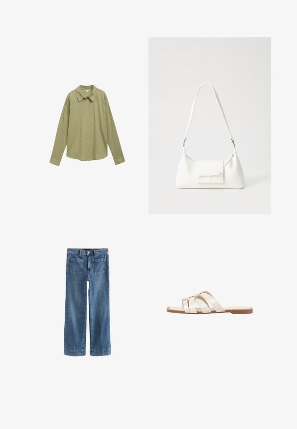 TOM TAILOR DENIM DOT STRUCTURE  - Hemdbluse - greyish green; Hellblaue Jeans aus Denim mit weitem Beinschnitt, vorderem Knopf- und Reißverschluss, zwei Fronttaschen und zwei Gesäßtaschen, mit umgeschlagenen Säumen.; Flache Sandalen mit einer honigfarbenen Gummisohle, gestaltet mit drei überlappenden weißen Lederriemen und einem kleinen Schleifendetail in der Mitte.; Weiße synthetische Handtasche in dreieckiger Form, flache Vorderklappe und Schleifendetail, verstellbarer Trageriemen, glatte Textur und minimalistisches Design.