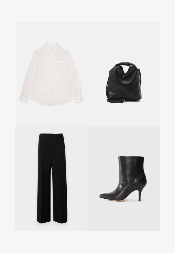 Camicia bianca a maniche lunghe con un motivo testurizzato, chiusura a bottoni sul davanti, colletto, taschino singolo sul petto e finitura lucida.; Pantaloni neri a gamba larga con frontale piatto, chiusura a bottone e trama di tessuto liscia. Presentano un taglio dritto e linee nette.; Stivale alla caviglia in pelle nera con punta affilata, sottile tacco a stiletto e superficie liscia. Design minimalista senza hardware o accenti visibili.; Borsa nera in pelle morbida con un design unico e attorcigliato. Presenta una maniglia corta e una tracolla removibile. Stile minimalista.