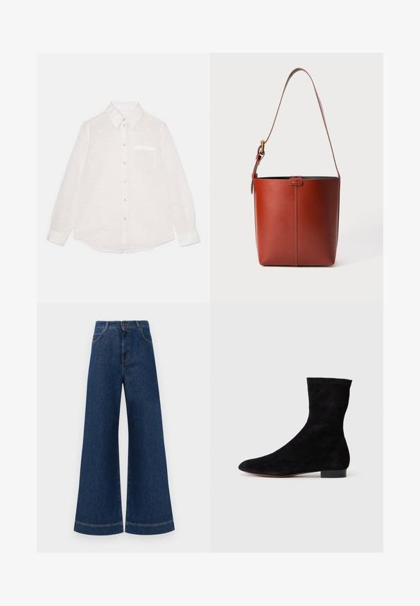 Hvid langærmet skjorte med struktureret mønster, knaplukning foran, krave, enkelt brystlomme og blank overflade.; Bredde ben blå denim jeans med høj talje, der har knaplukning, bæltestropper og diskrete syninger langs lommerne og kanterne.; Sorte suedestøvler til anklerne med en tætsiddende skaft, spids tå og lav blokhæl. Glat tekstur og minimalistisk design, velegnet til alsidig styling.; Brun læderspandtaske med justerbar skulderrem og guldfarvet spænde, enkel lodret sømdetalje foran.