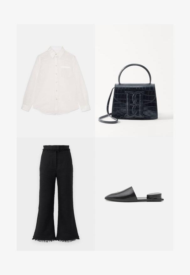 Balta ilga rankovė marškiniai su tekstūruotu raštu, mygtukų užsegimas priekyje, apykaklė, vienas krūtinės kišenė ir blizgus paviršius.; Juodos platus kojų kelnės su tekstūruotu audiniu, suplėšytais kraštais ir elastinga juosmens juosta. Dizainas pasižymi lygiu finišu ir laisvu siluetu.; Juodos odinės mulo tipo basutės su smailiu priekiniu galu, minimalizmo stiliaus ir tekstūriniu užkulniu. Lygi paviršius ir plokščias padas.; Juodas krokodilo rašto odinis rankinės krepšys su struktūruotu dizainu, viršutine rankena, reguliuojamu dirželiu ir išsiskiriančiu priekinio logo detale.