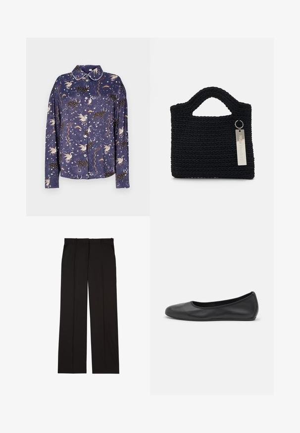 Navy button-up shirt with a celestial pattern featuring unicorns, constellations, and swirls, finished with a contrasting collar and fabric texture.; Black tailored trousers made of a smooth fabric, featuring a straight-leg design, and two side pockets. Elegant and minimalistic construction.; Black leather ballet flat with a rounded toe, smooth texture, minimal stitching detail, and a flexible sole design.; Won Hundred MARSIELLE COMPUTER BAG UNISEX - Laptop bag - black