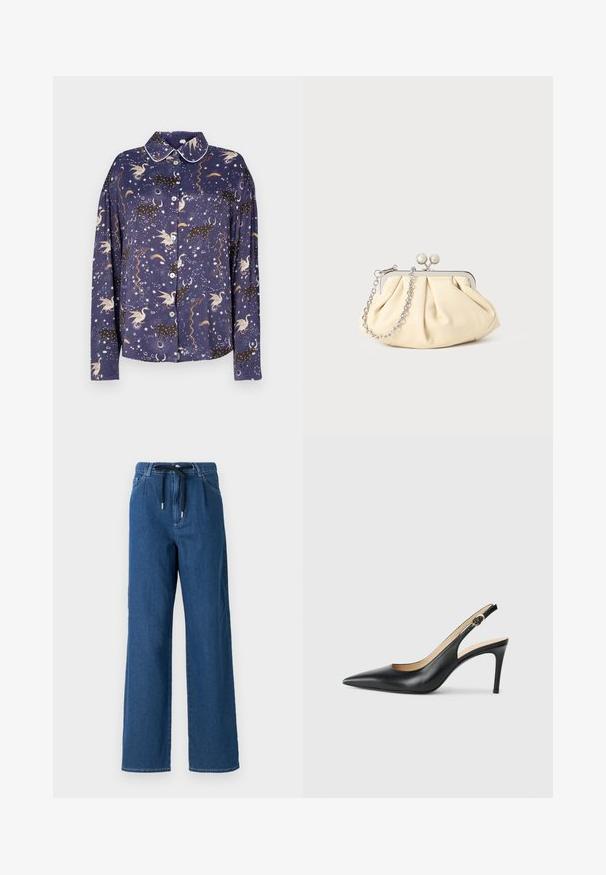 Marine blauwe overhem shirt met een sterrenhemelpatroon, met eenhoorns, sterrenbeelden en zwirls, afgewerkt met een contrasterende kraag en stoftextuur.; Wijdvallende donkerblauwe denim broek met een trekkoord in de taille en voorzakken. De stof heeft een gladde textuur met subtiele stikseldetails.; Zwarte leren slingback-hakken met een spitse neus, verstelbare band en een elegante stiletto-hak, met een gladde afwerking.; Geplooide beige leren clutch met een zilveren metalen frame, voorzien van twee ronde decoratieve sluitingen en een zilveren kettingriem.