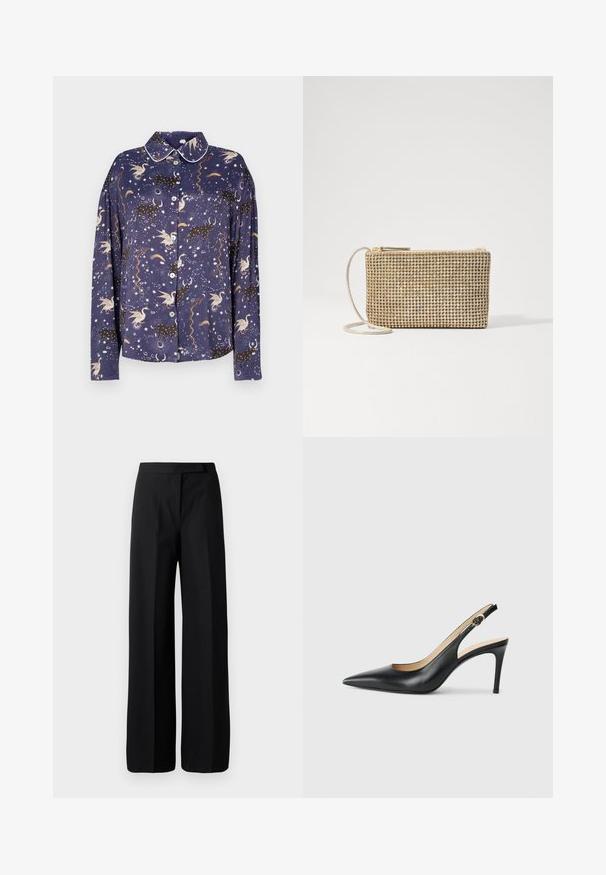 Tamsiai mėlynas marškinėliai su dangaus motyvu, kuriame pavaizduoti vienaragiai, žvaigždynai ir spiralės, su kontrastingais apykakle ir audinio tekstūra.; Plati juodos kelnės su lygiu, matinį paviršių. Lygus liemuo be matomų detalių ar raštų. Paprastas ir elegantiškas dizainas.; Juodos odinės slingback aukštakulnės bateliai su smailiu nosiu, reguliuojama juosta ir elegantišku stiletto kulnu, pasižymintys lygia apdaila.; Loeffler Randall YASMINE FLAT CLUTCH - Rankinė per petį - gold