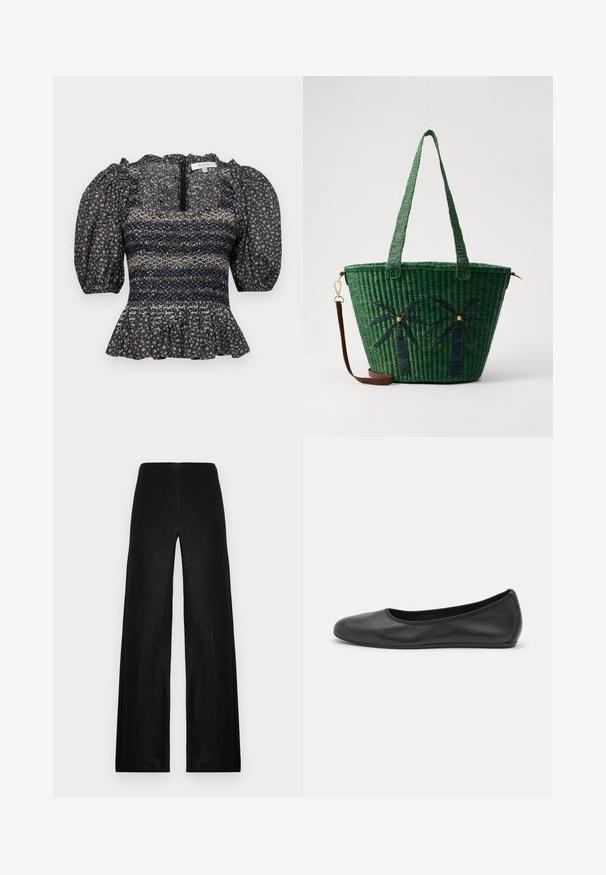 Melna ziedu blūze ar pūkām pie piedurknēm, smockotu bodi un volānu apakšmali. Aprīkota ar rāvējslēdzēja aizdari aizmugurē un teksturētu auduma dizainu.; Melnas platās bikses izgatavotas no viegla auduma. Tām ir augsta jostas vieta, gluda virsma un tīras līnijas bez kabatām vai rotājumiem.; Melna ādas baleta kurpe ar noapaļotu purngalu, gludu tekstūru, minimālu šuvju detalizāciju un elastīgu zoles dizainu.; Zaļš austs iepirkuma maisiņš ar palmu koku dizainiem tumšā zaļā krāsā; ar divām rokturiem un noņemamu brūnu ādas siksnu.