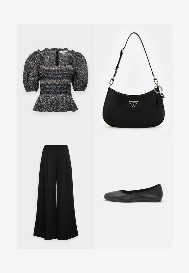 Musta kukallinen paita, jossa on puffihihat, karkea yläosa ja röyhelöhelma. Takana on vetoketjukiinnitys ja tekstuuriaines.; Laahukselliset mustat housut, jotka on valmistettu pehmeästä kankaasta, etuosassa poimutukset ja korkea vyötärö, mikä takaa hienostuneen siluetin.; Musta nahkainen ballerina, jossa on pyöristetty kärki, sileä pinta, minimaalinen ommelkoristelu ja joustava pohjamuotoilu.; Musta synteettinen olkalaukku, jossa on kaareva siluetti, teksturoitu pinta, kultainen kolmion logo ja irrotettavat varusteet.