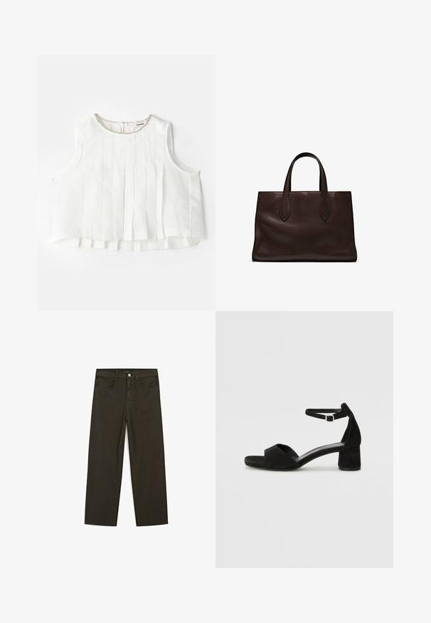 Hvid ærmeløs bluse med plisseringer, der har en rund halsudskæring pyntet med en metallisk kant og en knaplukning bagpå.; Mørkegrønne brede jeans lavet af en bomuldsblanding, med en frontlukning med knap, fem lommer og klassisk denim-syning.; Sorte ruskind hælede sandaler med en tynd ankelsnor, åben tå design og en beskeden blokhæl. Glat tekstur og minimale detaljer.; Brun læder tote bag med to forlængede håndtag, struktureret rektangulær form, glat overflade og subtile syninger.