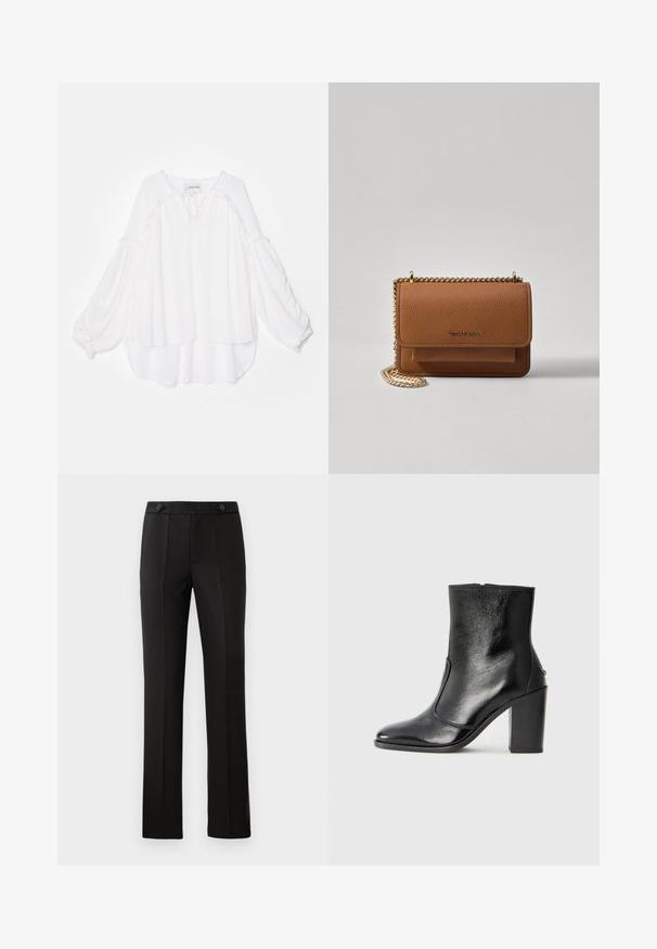 Weiße Bluse mit einem lockeren, geschichteten Design. Hat lange, luftige Ärmel und eine strukturierte Bordüre entlang des Halsausschnitts und Saums. Weicher Stoff.; Schwarze maßgeschneiderte Hose mit geradem Bein, zwei vorderen Taschen, einem Knopfverschluss und unteren Falten vorne. Glatte Stofftextur.; Schwarze Leder-Stiefelette mit glatter Textur, spitzem Fuß und klobigem hohen Absatz. Verfügt über eine seitliche Öffnung und ein minimalistisches Design.; Braune strukturierte Ledertasche mit goldener Kettenriemen und Klappenverschluss. Die Vorderseite zeigt ein Logo-Detail und eine Tasche unter der Klappe.