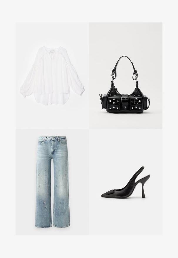 Bluză albă cu un design lejer, în straturi. Prezintă mâneci lungi, ample și un finisaj texturat de-a lungul gâtului și tivului. Material moale.; Jeans largi de culoare albastru deschis, confecționați din denim, având un efect de culori în degrade și broderii din cristale strălucitoare argintii dispuse pe verticală.; Pantofii slingback din piele neagră, cu vârf ascuțit, toc subțire și un accent decorativ sub formă de fundiță. Textură netedă și design elegant.; Geantă de piele neagră cu un design curbat, dotată cu studuri argintii, o cataramă și două buzunare laterale. Curea ajustabilă pentru opțiuni de transport.