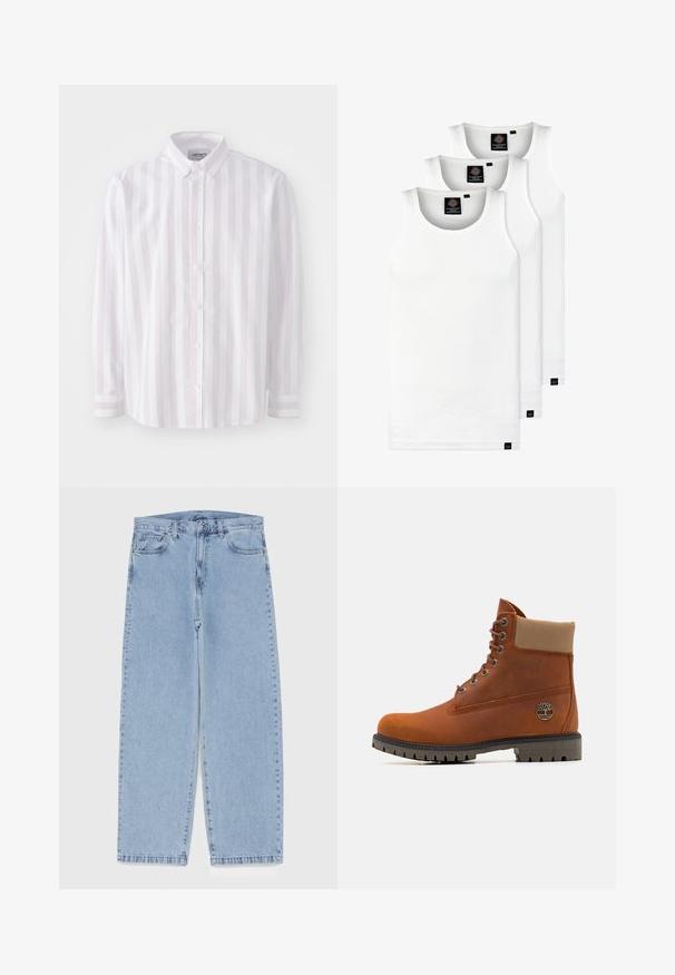 Košulja dugih rukava, s dugim rukavima, u svijetlo ružičastim i bijelim vertikalnim prugama. Ima oštri ovratnik i kopčanje na dugmadi, izrađena je od pamučne tkanine.; Tri bijele rebraste majice bez rukava od pamuka. Imaju okrugli izrez i male crne oznake blizu rubova. Dostupne su u više veličina.; Svijetloplave traperice s ravnim nogavicama, sa srednjim strukom, pet džepova i zatvaranjem na dugme i patentni zatvarač.; Timberland Gležnjače s vezicama - medium orange