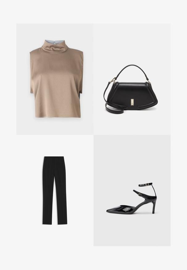 Cropped top in smooth, taupe fabric with a high collar and short sleeves, featuring a back button closure and clean hemline.; Black tailored trousers with a straight-leg design, featuring front pockets and a smooth, textured fabric. Neat, minimal detailing.; Black patent leather heels with a pointed toe, adjustable ankle straps, and a slender heel. Smooth texture with a shiny finish.; Black leather handbag with a structured design, featuring a cropped shape, top handle, and gold hardware accent. Adjustable shoulder strap included.