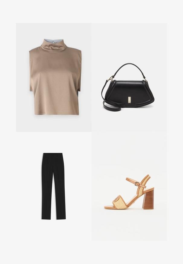 Top accorciato in morbido tessuto taupe con colletto alto e maniche corte, dotato di chiusura posteriore con bottone e orlo pulito.; Pantaloni neri su misura con un design a gamba dritta, dotati di tasche frontali e un tessuto liscio e strutturato. Dettagli ordinati e minimalisti.; Sandali con tacco in pelle marrone e paglia intrecciata, con cinturino alla caviglia, punta aperta e tacco spesso simile al legno con strisce orizzontali.; Borsa a mano in pelle nera con un design strutturato, caratterizzata da una forma corta, manico superiore e accessori in metallo dorato. Inclusa tracolla regolabile.