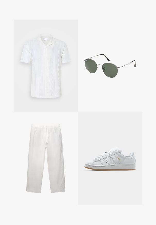 Bela kratka majica s kratkimi rokavi iz strukturirane pletene tkanine. Ima ovratnik s kampirskim dizajnom, zapiranje na gumb in vertikalni črtasti vzorec.; Bela bombažna majica s kratkimi rokavi, okroglo izrezana in udobnega kroja. Gladka tekstura brez vidnih vzorcev ali dekoracij.; Bela lanena hlača z elastičnim pasom in vrvico, širokega kroja in čistimi šivi. Gladka tekstura s sproščenim krojem.; Bela teniska z perforirano trojno črto, teksturiranimi detajli, gumijastim podplatom in zlatim logotipom "CAMPUS" na strani.; Sončna očala z ovalnimi zelenimi lečami v kovinskem okvirju. Tanjši srebrni kovinski okvir in črne ušesne konice. Minimalistična zasnova, brez vidnih logotipov.