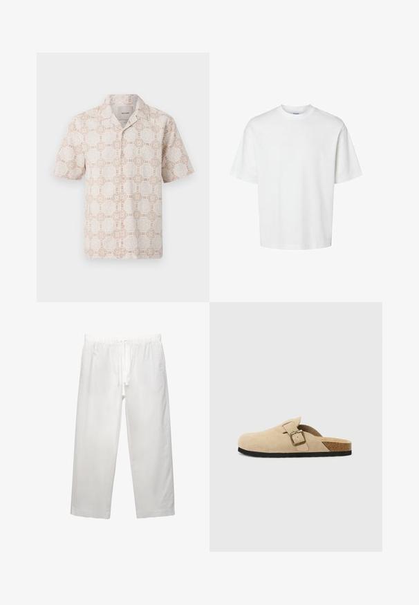 Camicia a maniche corte di un beige chiaro con un motivo geometrico floreale in crema. Caratterizzata da un colletto a punta e un design a taglio rilassato.; T-shirt bianco in cotone con maniche corte, scollo rotondo e vestibilità rilassata. Texture liscia senza pattern o dettagli visibili.; Pantaloni bianchi in lino con cintura elastica e cordoncino, design a gamba ampia e cuciture pulite. Texture liscia con vestibilità casual.; Zoccoli beige in suede con piede in sughero, punta rotonda e una semplice fascia con una fibbia dorata. Suola in gomma per una buona aderenza.
