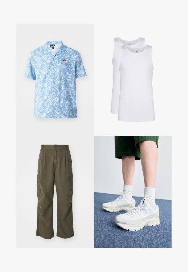 Világoskék, rövid ujjú ing, fehér absztrakt mintákkal, kis, színes logóval a mellrészén.; Fehér pamut ujjatlan trikók, kerek nyakkivágással, sima textúrával, puha, könnyű anyagból. Két darab kiemelve.; Olívazöld cargo nadrág, pamutból készült, széles lábú kialakítással, plisszírozással és oldalsó zsebekkel a funkcionalitás érdekében.; Fehér sportcipők texturált burkolattal, vastag talppal és szürke részletekkel. Fehér sportzoknival és zöld rövidnadrággal viselve, kék felületen.
